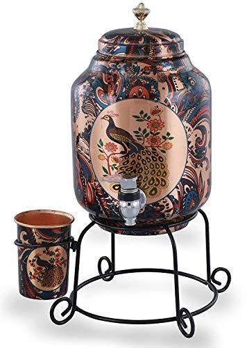 5L Peacock Print Copper Water Dispenser with Glass and Stand