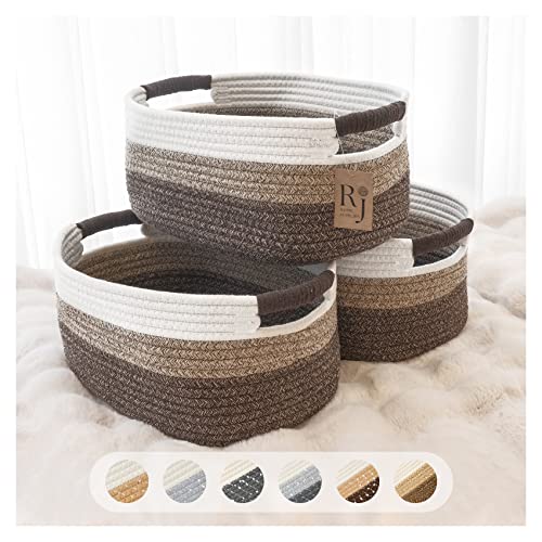 Woven Baskets for Storage Set of 3, Cotton Rope Basket for Organizing with Handles, Decorative Storage Baskets for Shelves, Toy Baskets, Soft Baby Basket for Nursery - Oats