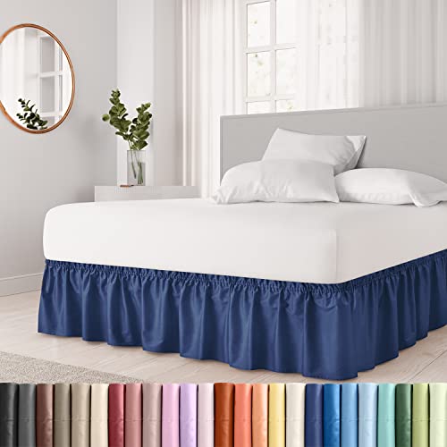 Wrap Around Dust Ruffle Bed Skirt - Navy Blue - for Full Size Beds with 12 in. Drop - Easy Fit Elastic Strap - Pleated Bedskirt with Brushed Fabric - Wrinkle Free, Machine Wash - by CGK Linens