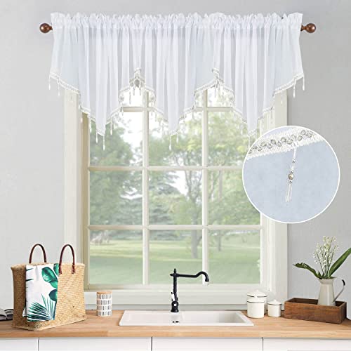 WUBODTI White Beaded Valance Curtains 3 Pcs for Kitchen Windows, Rod Pocket Triangle Sheer Voile Curtain Valances Trim Tassel Semi Sheer Window Valances for Bedroom Bathroom, 51 x 24 Inch Length
