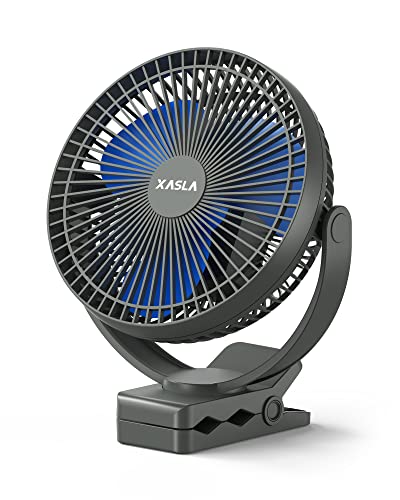Xasla 8" Rechargeable Clip on Fan, 10000mAh, 24 Hrs Battery, 4 Speeds, Blue