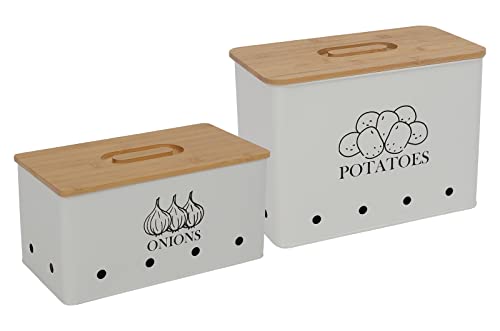 Xbopetda Potato Onion Storage Box, Food Container Sets, Storage Canisters for Vegeatables, Set of 2 Jars Pots Containers, Potato & Onion Bin with Aerating Tin Storage Holes & Bamboo Lid-White