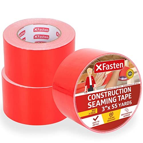 XFasten Construction Seam Tape Red, 3" x 55Yds (3-Pack, 495Feet Total) Resin Tape for Epoxy Resin Molding, Sheathing Tape, Water Resistant Barrier Tape