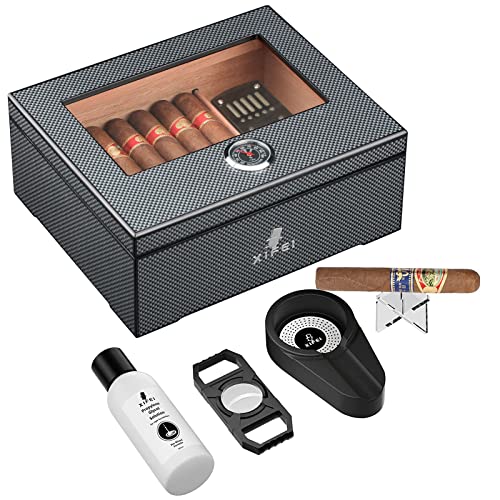 XIFEI Carbon Fiber Glass Top Cigar Humidor: Complete Set for 25-60 Cigars