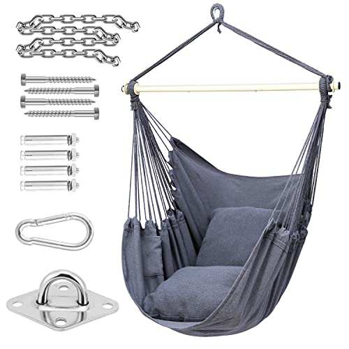 Hammock Chair Hanging Rope Swing with Foot Rest Support - Max 500 Lbs (Grey)