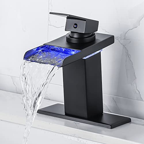 Y-Garhe LED Bathroom Sink Faucet - Matte Black Single Hole or 4 Inch Centerset Waterfall Faucet with Stainless Steel Spout and Temperature-Sensitive LED Lights, Includes Deck Plate