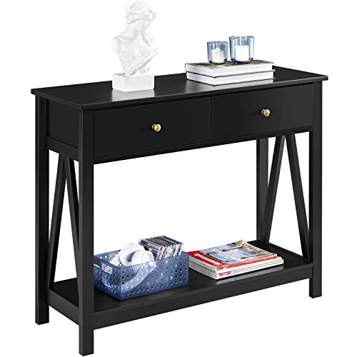 Black Wood Console Table with Drawer and Storage Shelves