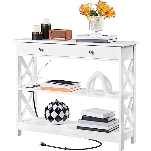 Yaheetech White Console Table with USB Ports and Storage Shelves