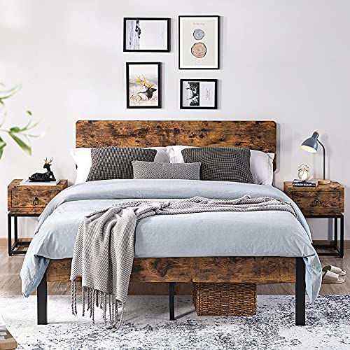 Yaheetech Full Bed Frame Metal Bed with Height-Adjustable Wooden Headboard&Footboard