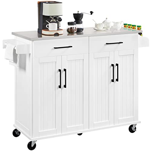 Yaheetech White Kitchen Cart with Stainless Steel Countertop and Storage