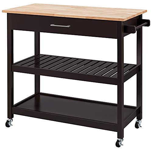 Yaheetech 3-Tier Kitchen Cart with Rubberwood Top and Wine Storage, Espresso