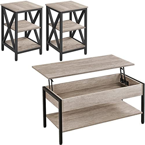 Yaheetech Lift Top Coffee Table Set of 3 - Industrial Style, Grey