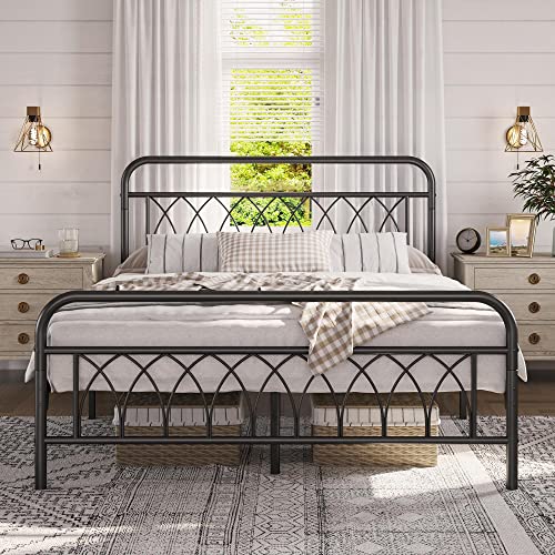 Yaheetech Queen Bed Frame Metal Platform Bed with Petal Accented Headboard/Footboard/14.4 Inch Under Bed Storage/No Box Spring Needed,Black