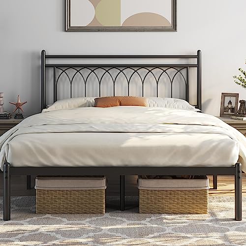 Yaheetech Black Metal Platform Bed with Petal Accented Headboard and Storage