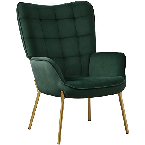 Yaheetech Velvet Armchair, Modern Accent Chair with Golden Metal Legs, Green