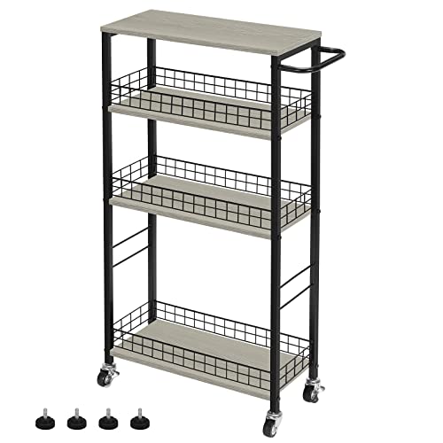 Narrow 4 Tier Storage Cart with Wooden Tabletop and Wheels