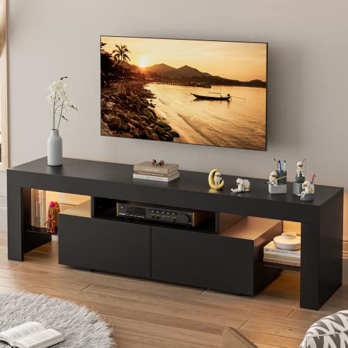 YESHOMY Modern LED TV Stand for Televisions up to 70 Inch with Glass Shelves and Drawer