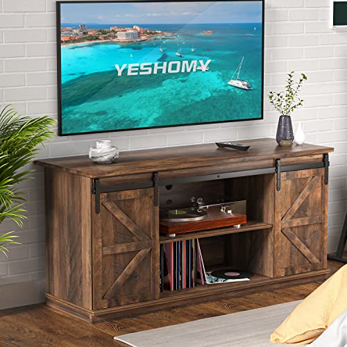 YESHOMY TV Stand with Sliding Barn Doors and Storage Cabinets