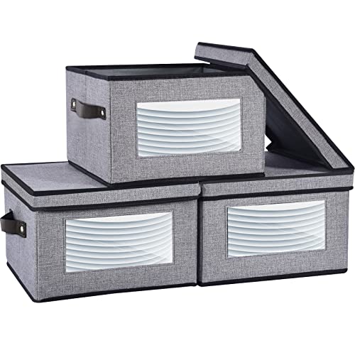 YheenLf 30-Plate China Storage Box with Felt Dividers, Grey