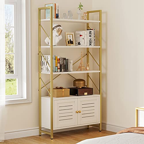 YITAHOME 5-Tier Bookshelf with Storage Cabinet in White&Gold