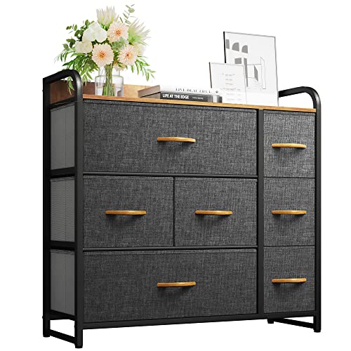YITAHOME 7-Drawer Fabric Dresser, Black & Grey, Steel Frame, Wooden Top