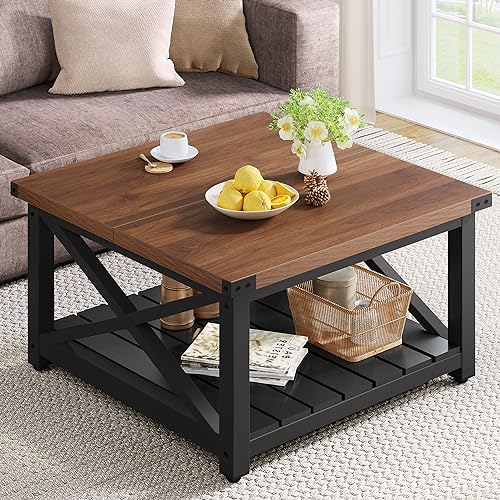 YITAHOME Square Wood Farmhouse Coffee Table with Storage