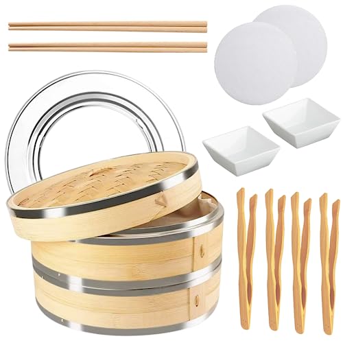 YJYJ Designs 12-Piece Bamboo Stainless Steel Steamer Kit, 10 inch, 2 Tiers
