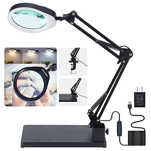 HITTI 10X Magnifying Glass with Light and Stand, 2- in- 1 Flexible  Gooseneck Magnifying Desk Lamp & Clamp, 3 Modes Dimmable Hands Free LED  Lighted