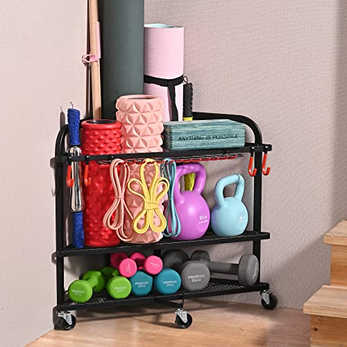 Yoga Mat Storage Rack with Wheels and Hooks