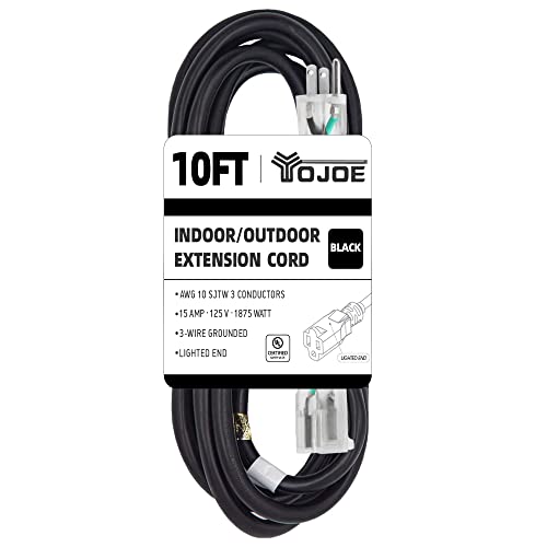 YOJOE 10 Foot 10/3 Lighted Outdoor Extension Cord - 10 Gauge 3 Prong SJTW Heavy Duty Black Extension Cable with 3 Prong Grounded Plug for Safety,UL Listed
