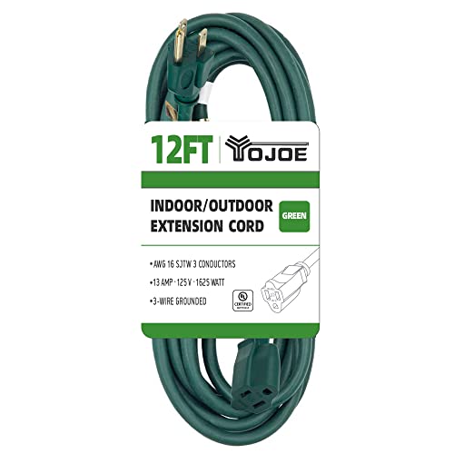 YOJOE 12FT Outdoor Extension Cord - 16/3 SJTW Durable Waterproof Power Cable with 3 Prong Grounded Plug,Green