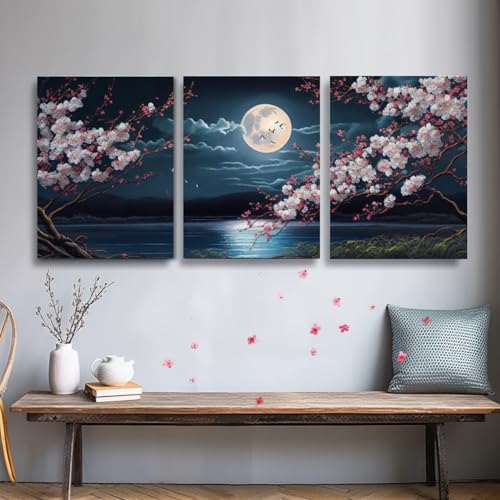 YokiMino Cherry Blossom Moon Lake Landscape Framed Canvas Wall Art Set