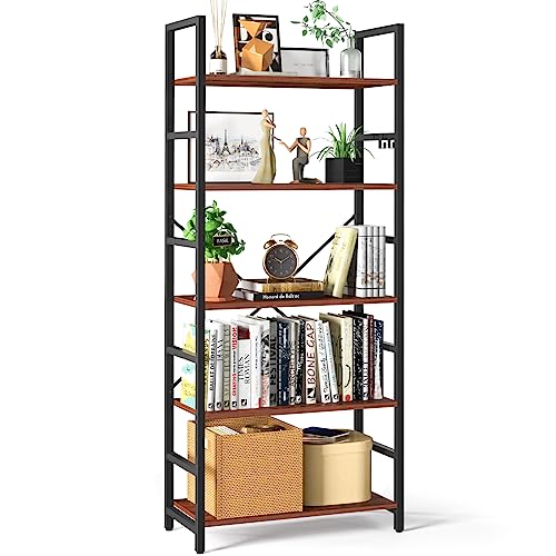 Yoobure 5 Tier Bookshelf - Tall Book Shelf Modern Bookcase for CDs/Movies/Books, Rustic Book Case Industrial Bookshelves Book Storage Organizer for Bedroom Home Office Living Room Brown