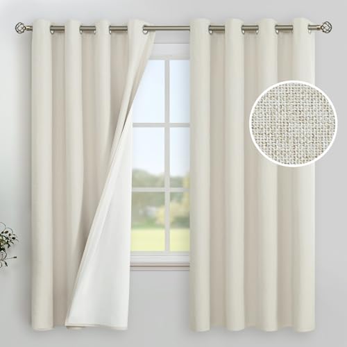 Blackout Linen Curtains 63" for Bedroom and Living Room, 2 Panels, 52x63
