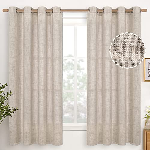 YoungsTex Natural Linen Curtains 63 Inch Length 2 Panels Burlap Linen Textured Curtains with Bronze Grommet Privacy Light Filtering Window Drapes for Living Room Bedroom, 52 X 63 Inch