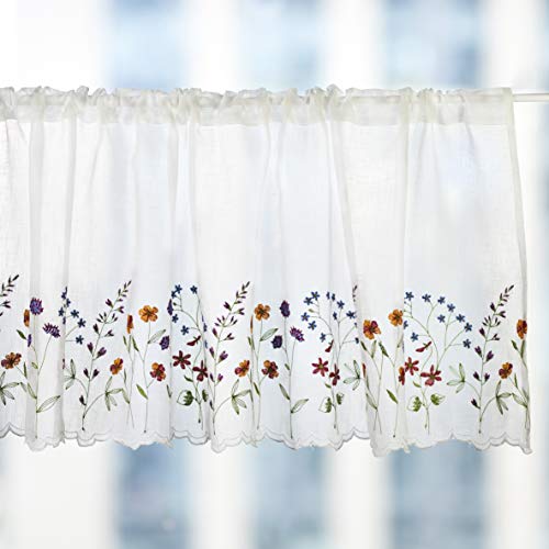 yurlisa Sheer Embroidery Pastoral Style Cafe Curtain Valance (Wild Flower)