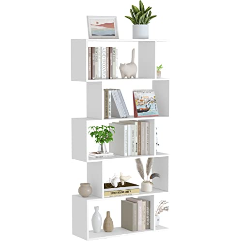 Yusong Bookshelf 5-Tier, Geometric Bookcase S Shaped Book Shelves for Bedroom, Modern Wood Decorative Display Shelf Book Case for Home Office, White