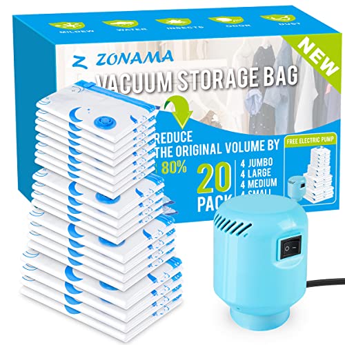 Z ZONAMA,Vacuum Storage Bags with Electric Air Pump, 20 Pack (4 Jumbo, 4 Large, 4 Medium, 4 Small, 4 Roll Up Bags) Space Saver Bag for Clothes, Mattress, Blanket, Duvets, Pillows, Comforters,Travel, Moving,White