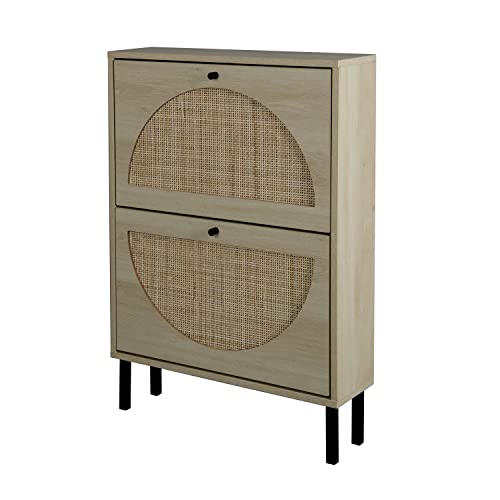 Modern 2-Tier Rattan Shoe Cabinet with Flip Drawers