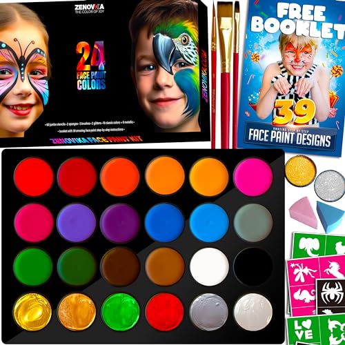 VESPRO Face Painting Kit For Kids Party,32 Colors Professional Oil  Face&Body Paint Kit with 10 Brushes 4 Reusable Face Stencils,2 Glitters and  2