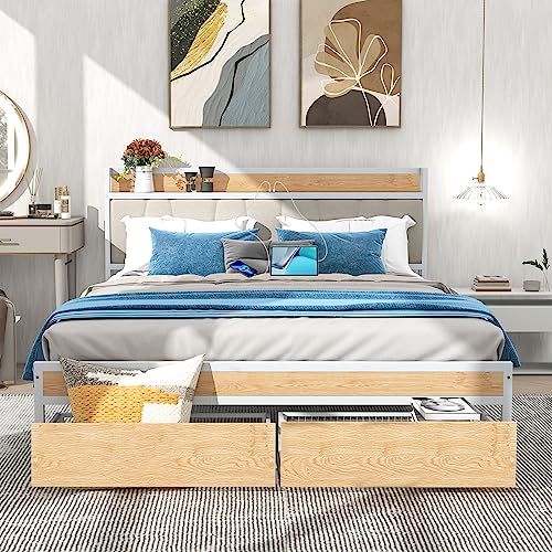Zevemomo Queen Bed Frame with Storage Drawer & 2-Tier Upholstered Headboard, Queen Size Metal Platform Bed Frame with USB Charging Station & Power Outlets
