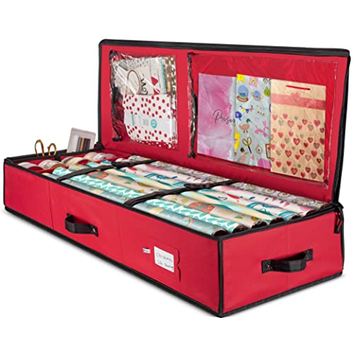 ZOBER Premium Wrap Organizer, Interior Pockets, fits 18-24 Standers Rolls, Underbed Storage, Wrapping Paper Storage Box and Holiday Accessories, 40” Long - Tear-Proof Fabric