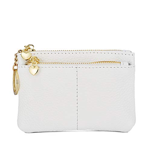 ZOOEASS Coin Purse Women Genuine Leather Zip Mini Purse With Key Ring Triple Zipper Card Holder Wallet (White)