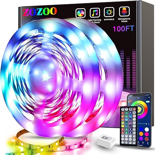 ZOZOO 100ft Smart RGB Led Strip Lights with Music Sync & Remote Control