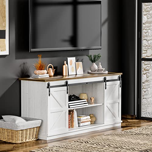 ZPK 65" Modern TV Stand with Sliding Barn Doors and Storage (White)
