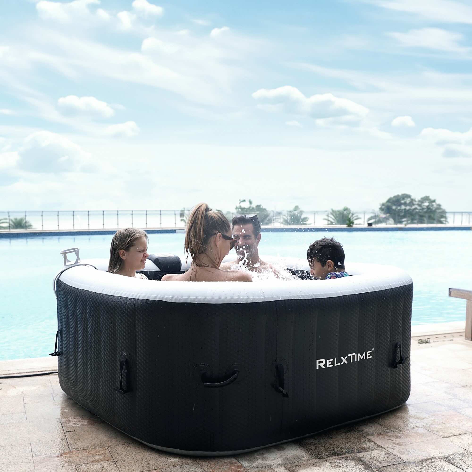 #WEJOY AquaSpa Portable Hot Tub 61X61X26 Inch Air Jet Spa 2-3 Person  Inflatable Square Outdoor Heated Hot Tub Spa with 120 Bubble Jets,  Black/White