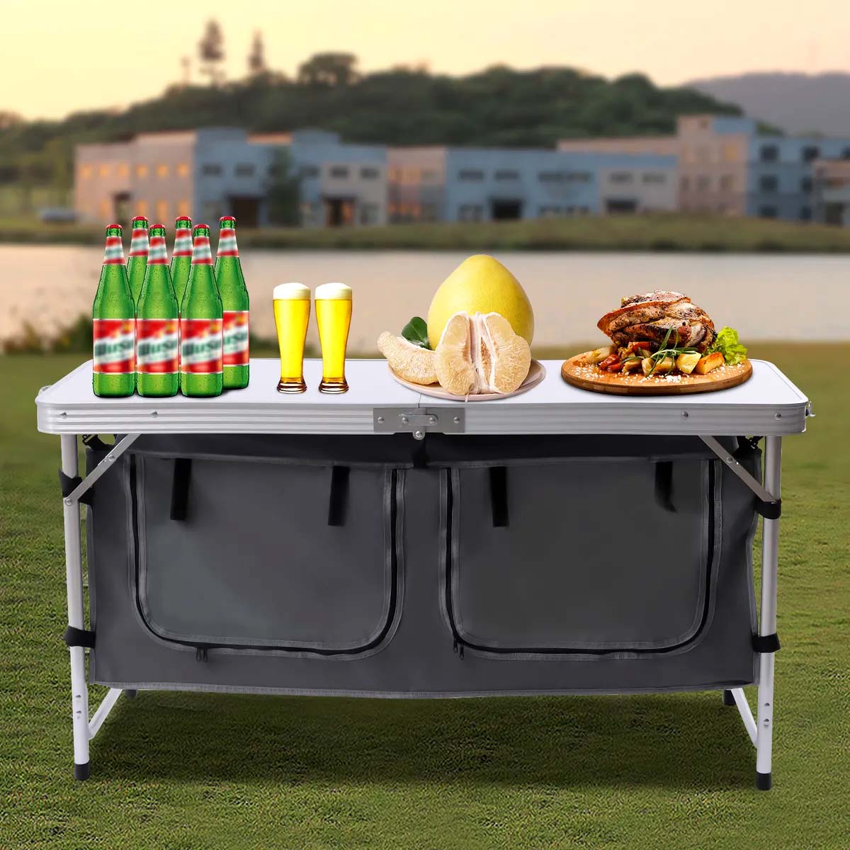 COSTWAY Folding Picnic Table, Portable 4ft Roll Up Camping Table with  Storage Bag, for 4-6 People, Low Height Foldable Bamboo Bench Table, for  Indoor