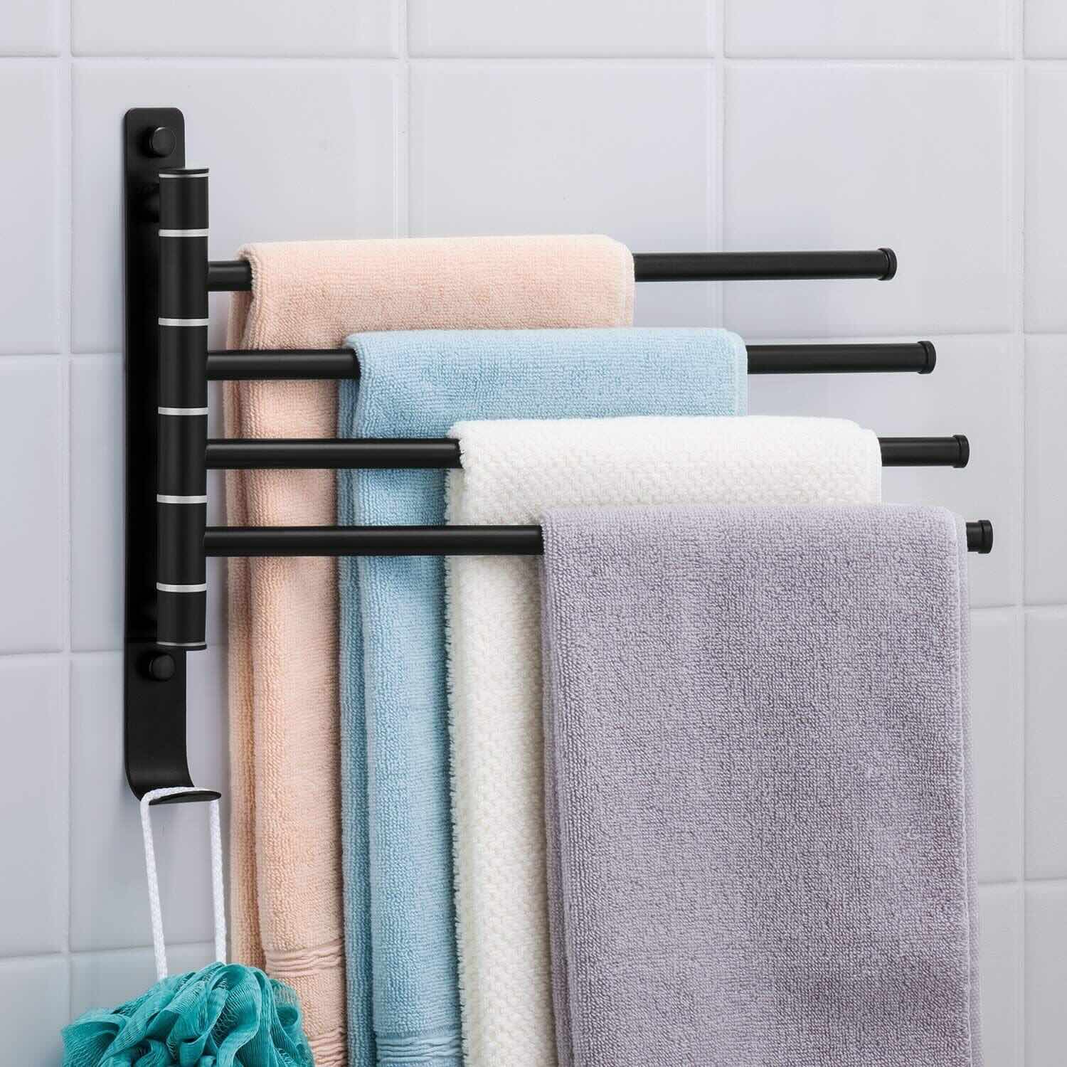 Rotary Towel Rack with 4 Swivel Bars, Wall-Mounted Stainless Steel