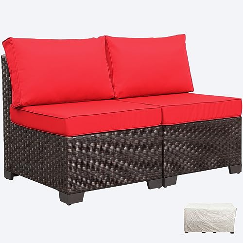 2 Piece Rattan Sofa with Red Cushions