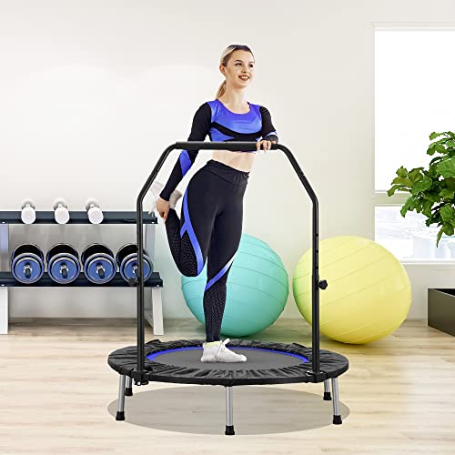 FirstE 48 Foldable Fitness Trampolines, Rebound Recreational Exercise  Trampoline with 4 Level Adjustable Heights Foam Handrail, Jump Trampoline  for